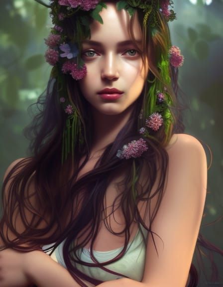 Mysterious Woman with Flowers Portrait in Lush Garden