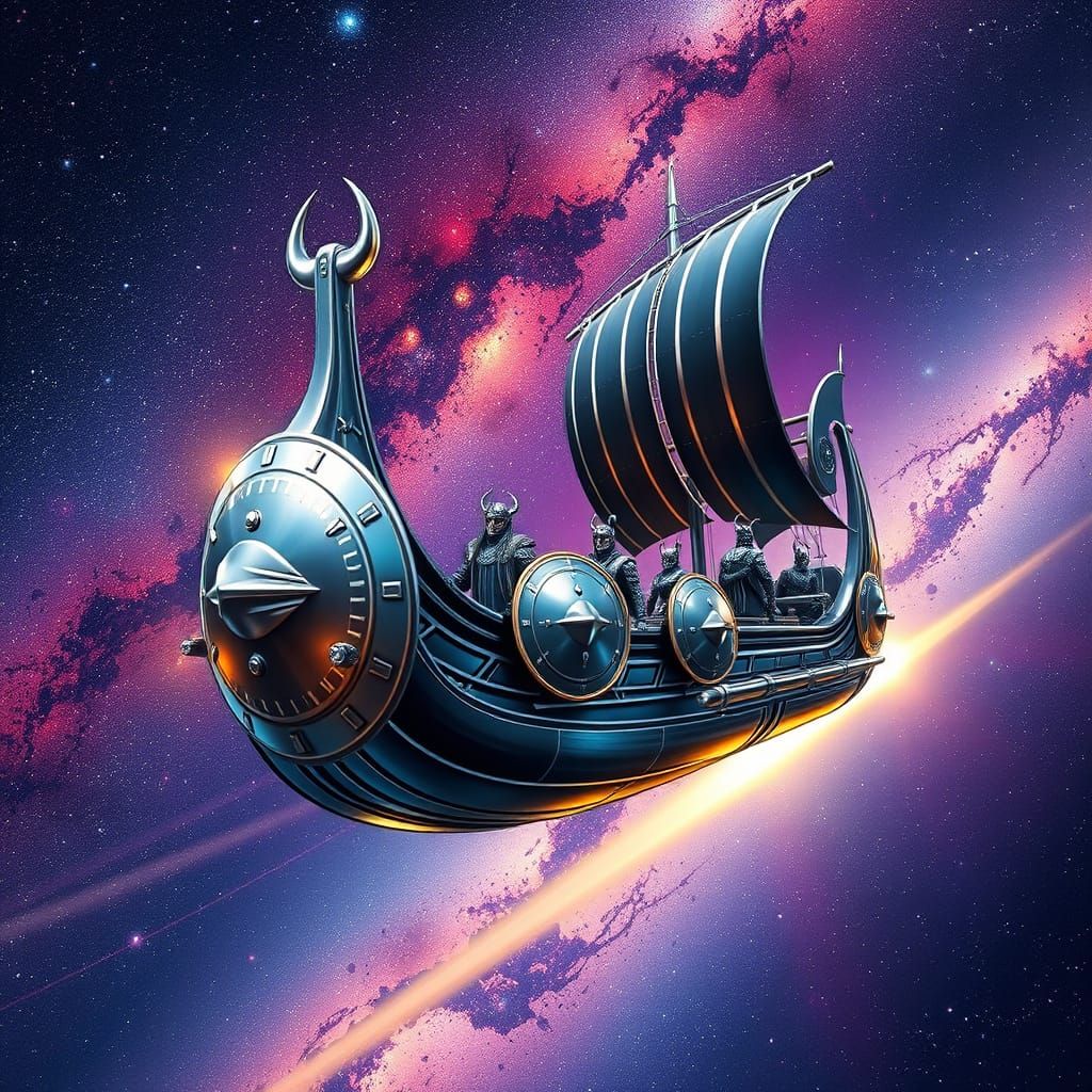 Futuristic Chrome Viking Ship in Starry Galaxy