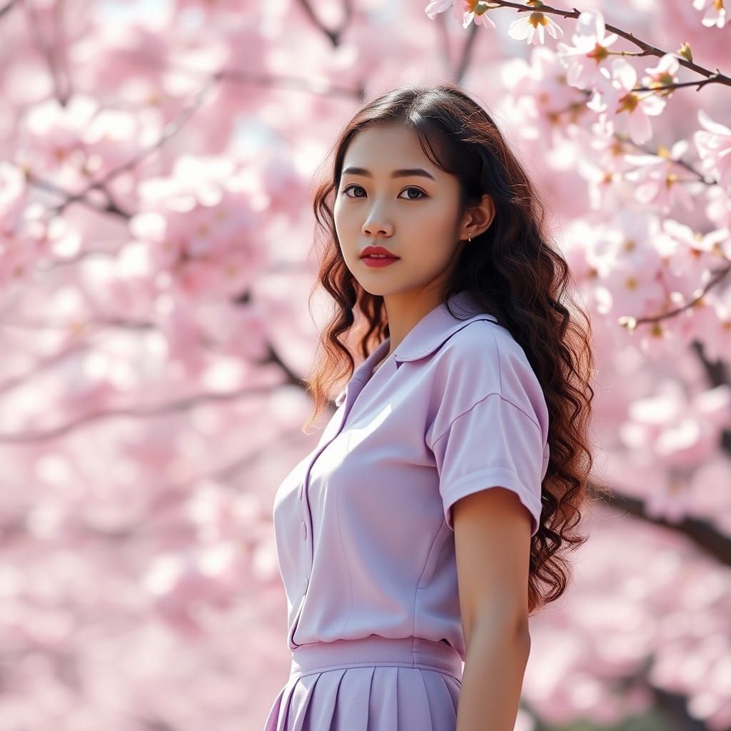 Delicate Japanese Girl Surrounded by Vibrant Sakura Blossoms