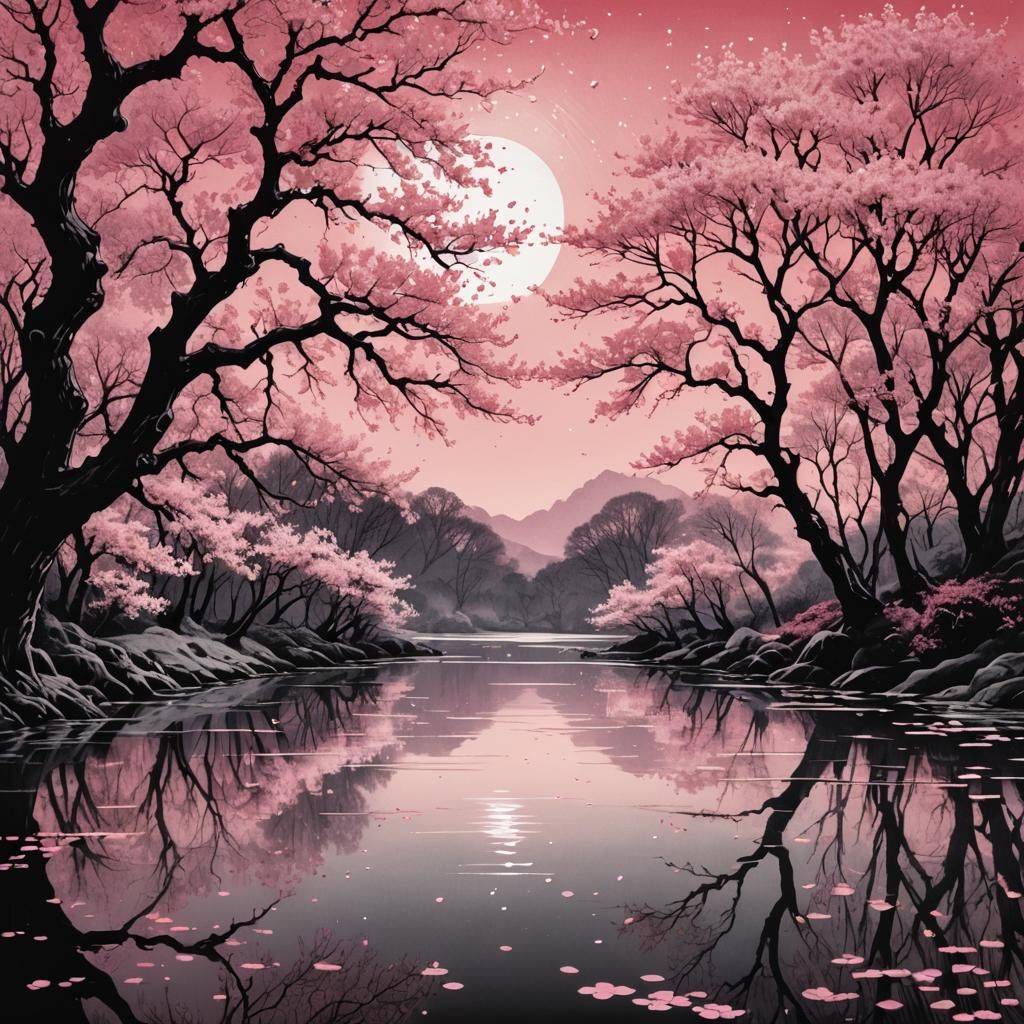 Cherry Blossoms Reflected: Pink Ink Illustration