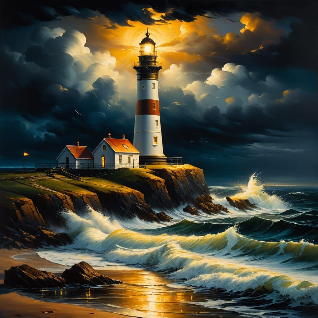 Lighthouse on Stormy Shore in Oil Painting Style