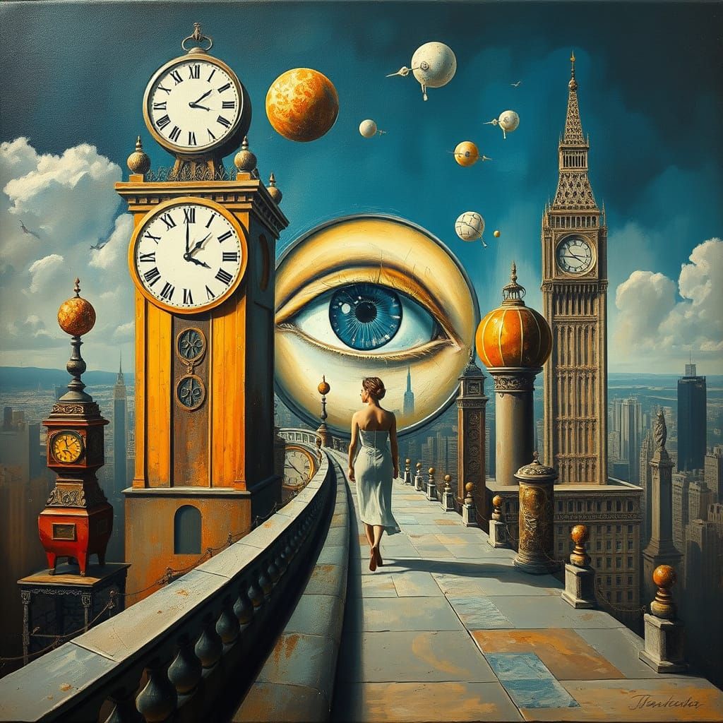 Surreal Eye Tower Dreamscape in Oil Painting Style