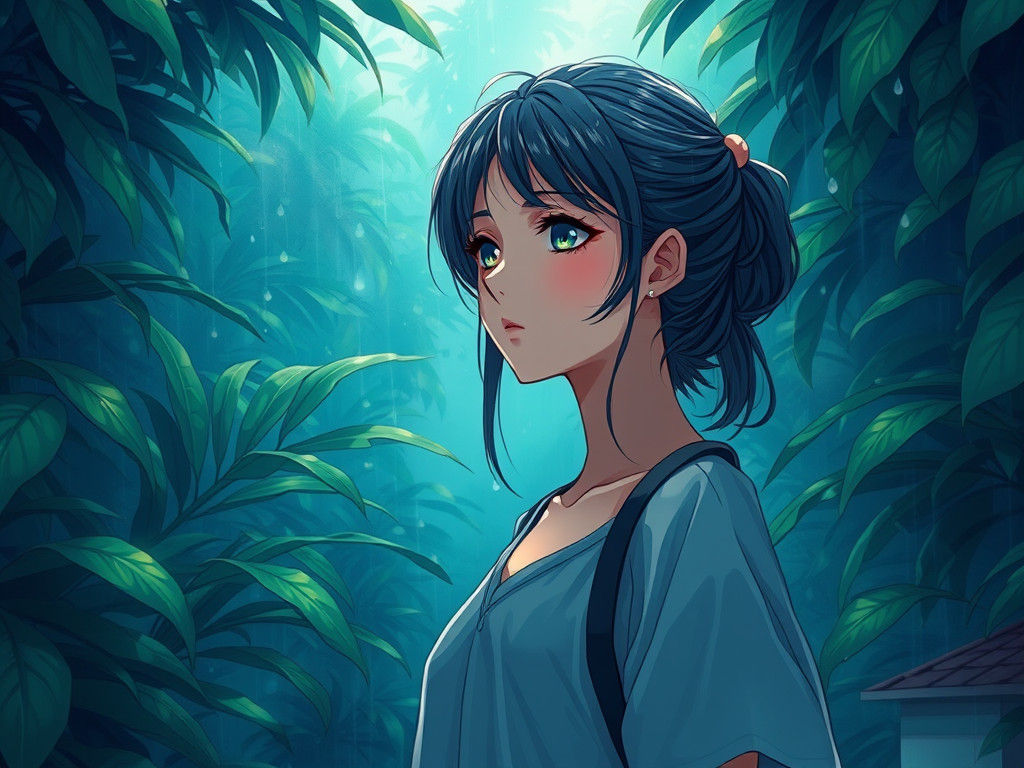 Lush Anime Woman in Misty Forest