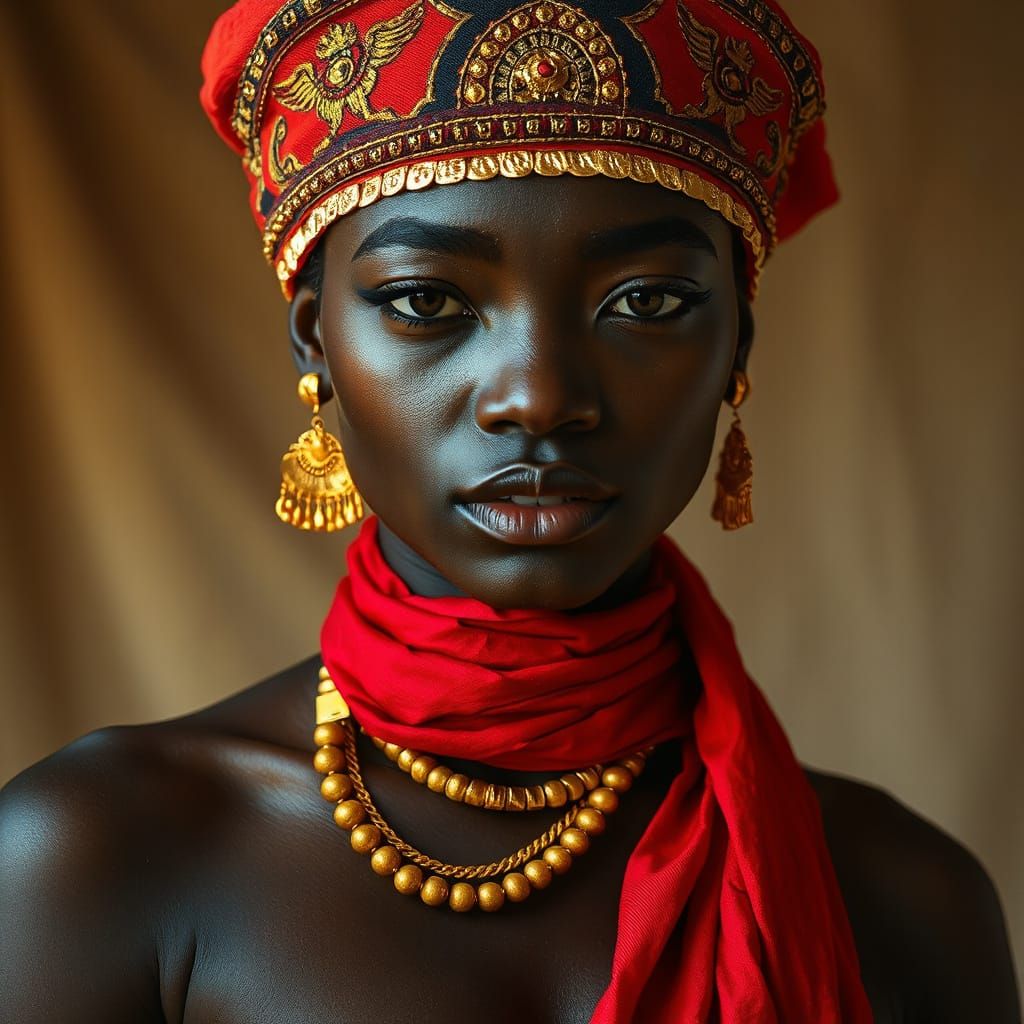 Glamorous Dark-Skinned Woman in Golden Tribal Art