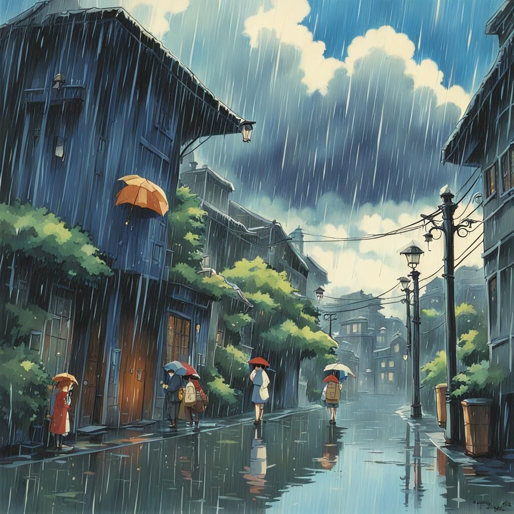 Studio Ghibli Style Rainy Day Scene