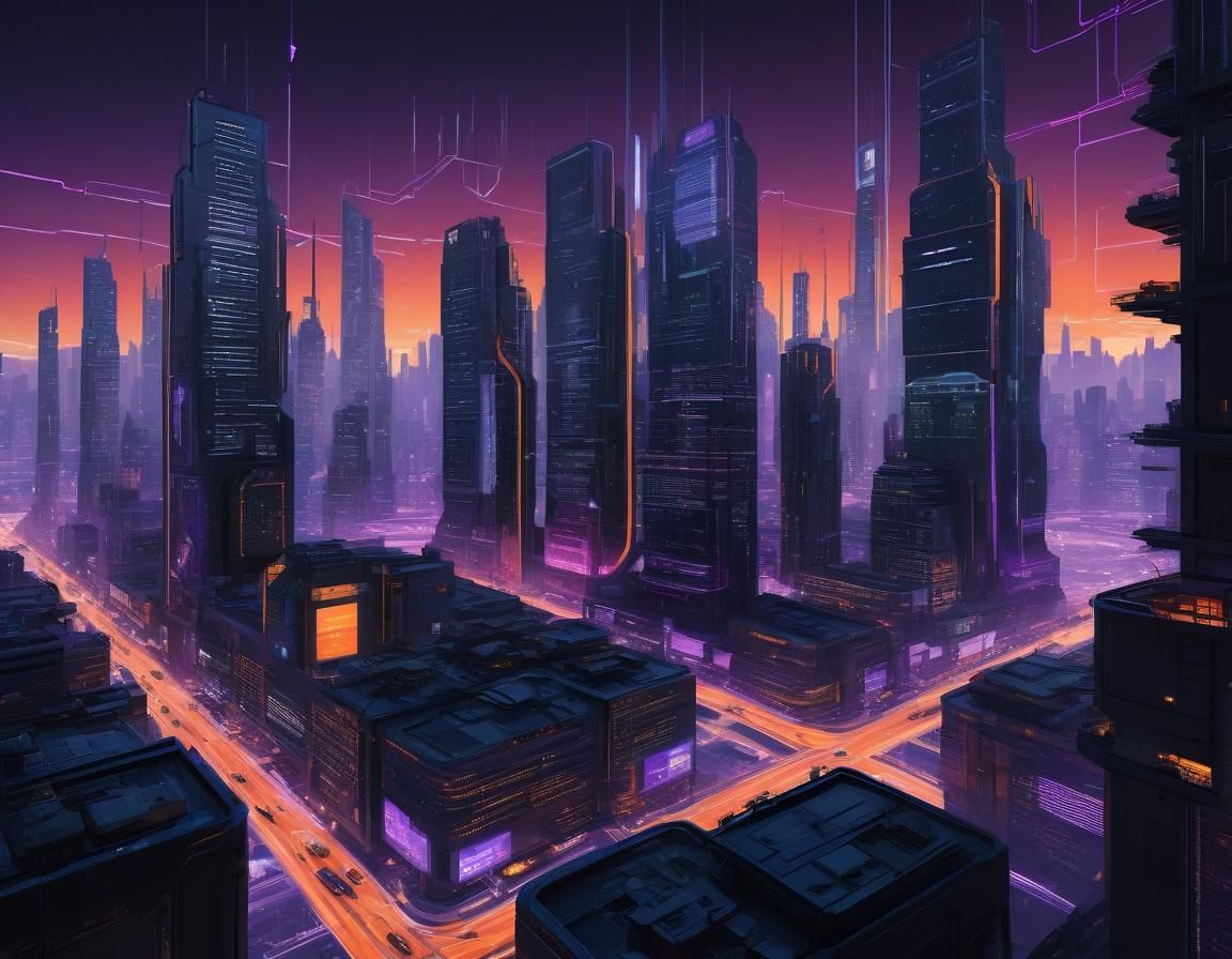 Cyberpunk Cityscape with Luminous Data Streams