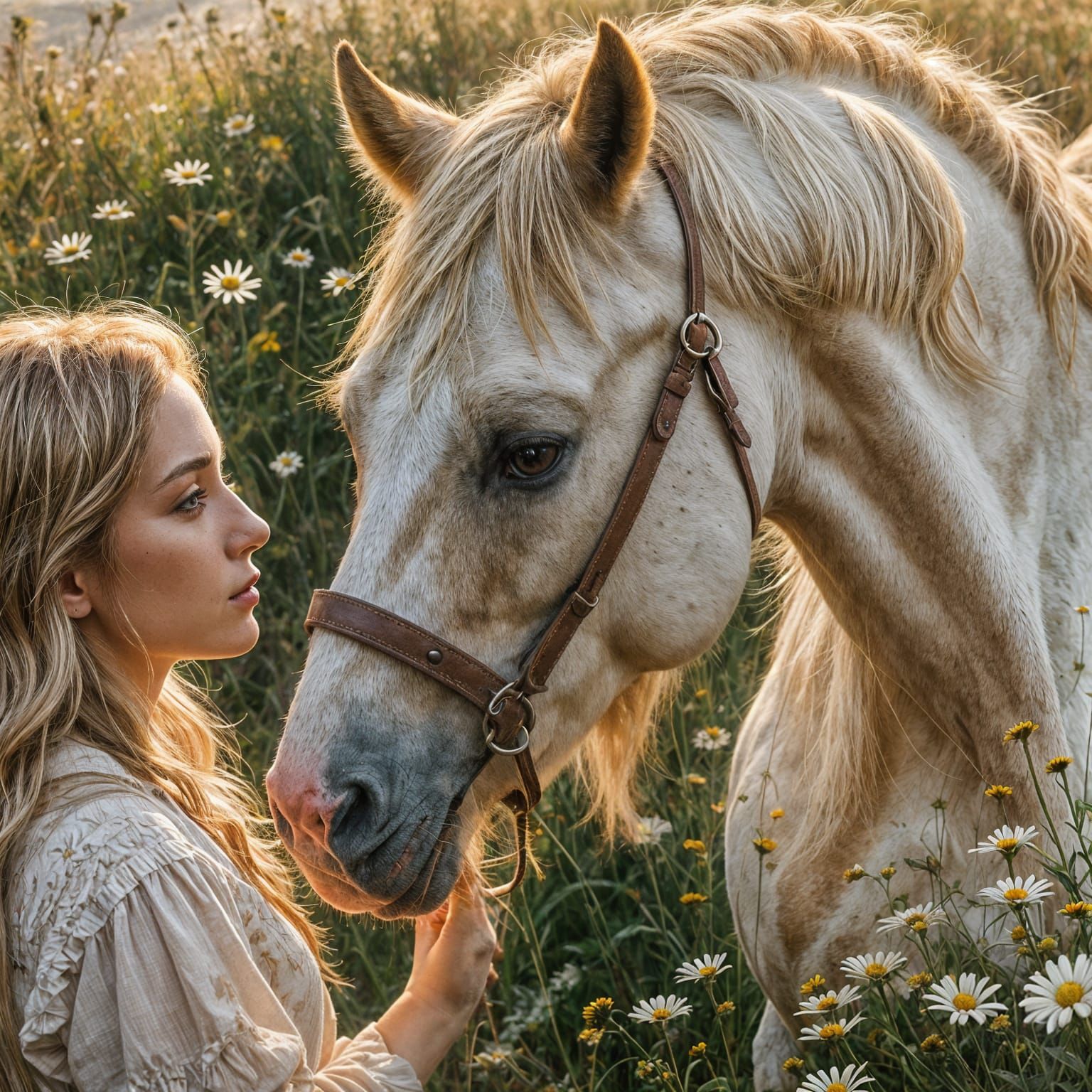 Pinto Horse and Girl in Meadow, Old Master Portrait