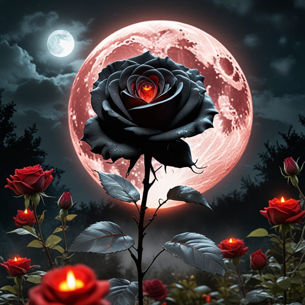 Giant Black Rose Burns in Magical Garden Under Blood Moon