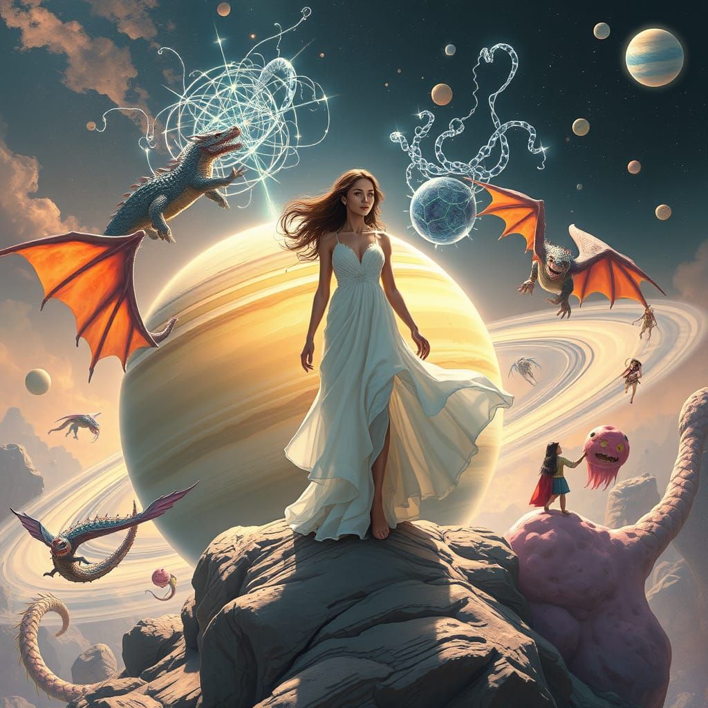 Woman on Saturn with Dragons Crushing Enemies