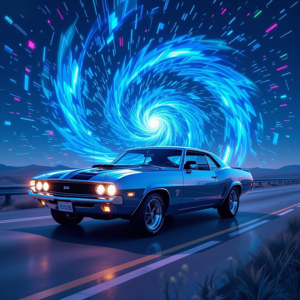 Vintage Muscle Car in Digital Data Vortex