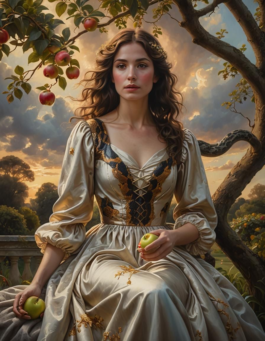 Ethereal Oil Painting: French Woman with Snake in Garden