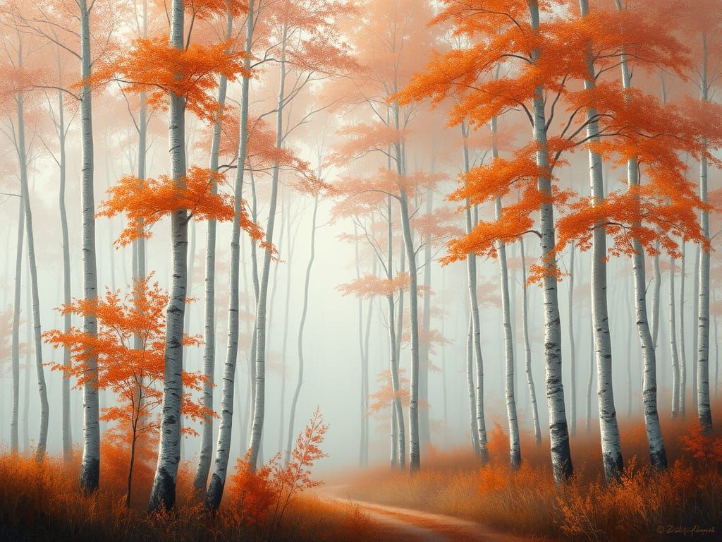 Misty Auburn Birch Forest Landscape Painting