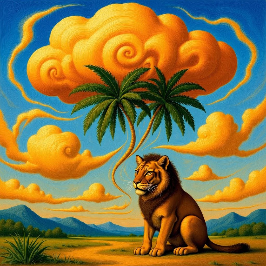Lioness in Surrealist Landscape with Upside-Down Palms