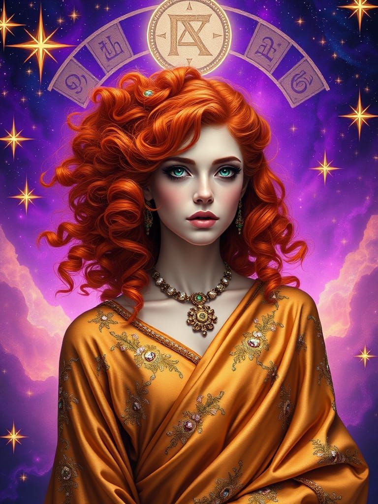 Stars pulsating with shafts of violet light, with ancient symbols overhead a beautiful redheaded woman clothed in gold s...