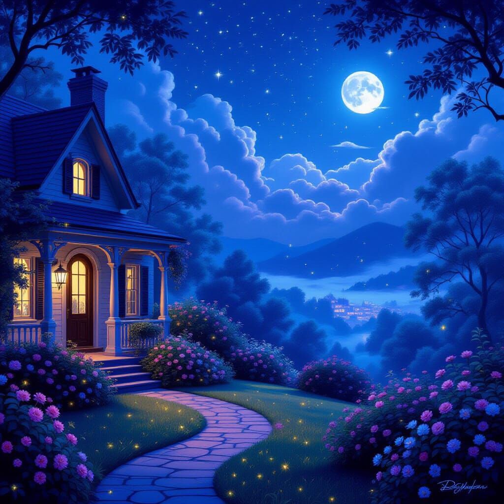 Dreamy Night Garden Outside House in Realistic Concept Art S...