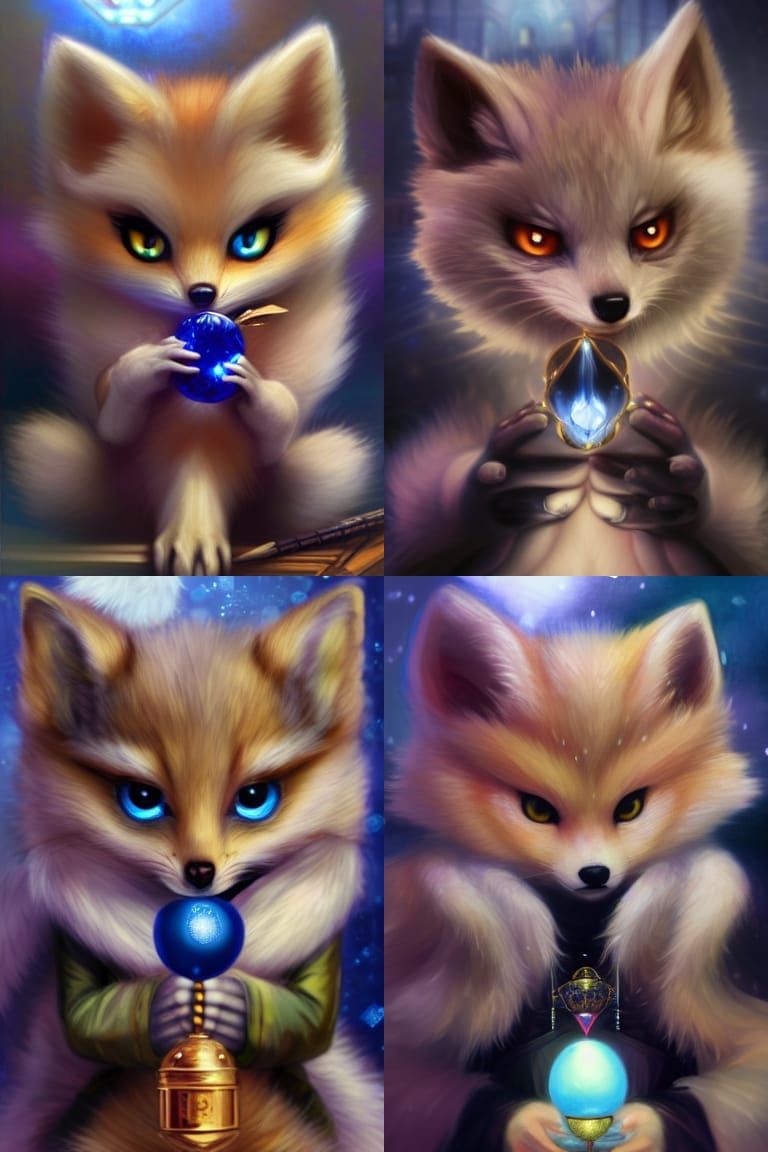 Detailed Portrait of a cute possessive evil baby kitsune with fluffy white fur and big glowing blue eyes holding a gem, ...
