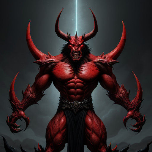 A Powerful, Red-Skinned Creature with Six Arms and Horns