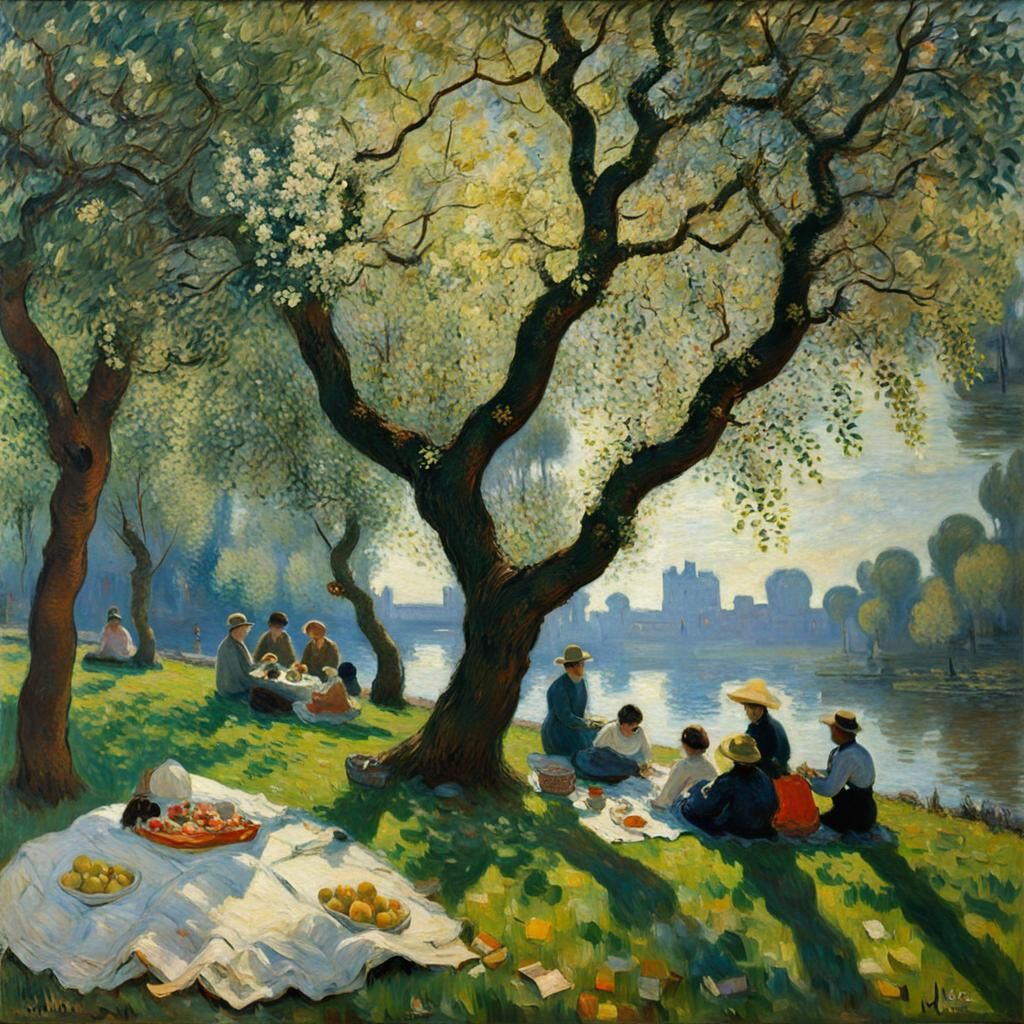 Impressionist Picnic Under Blossoming Trees