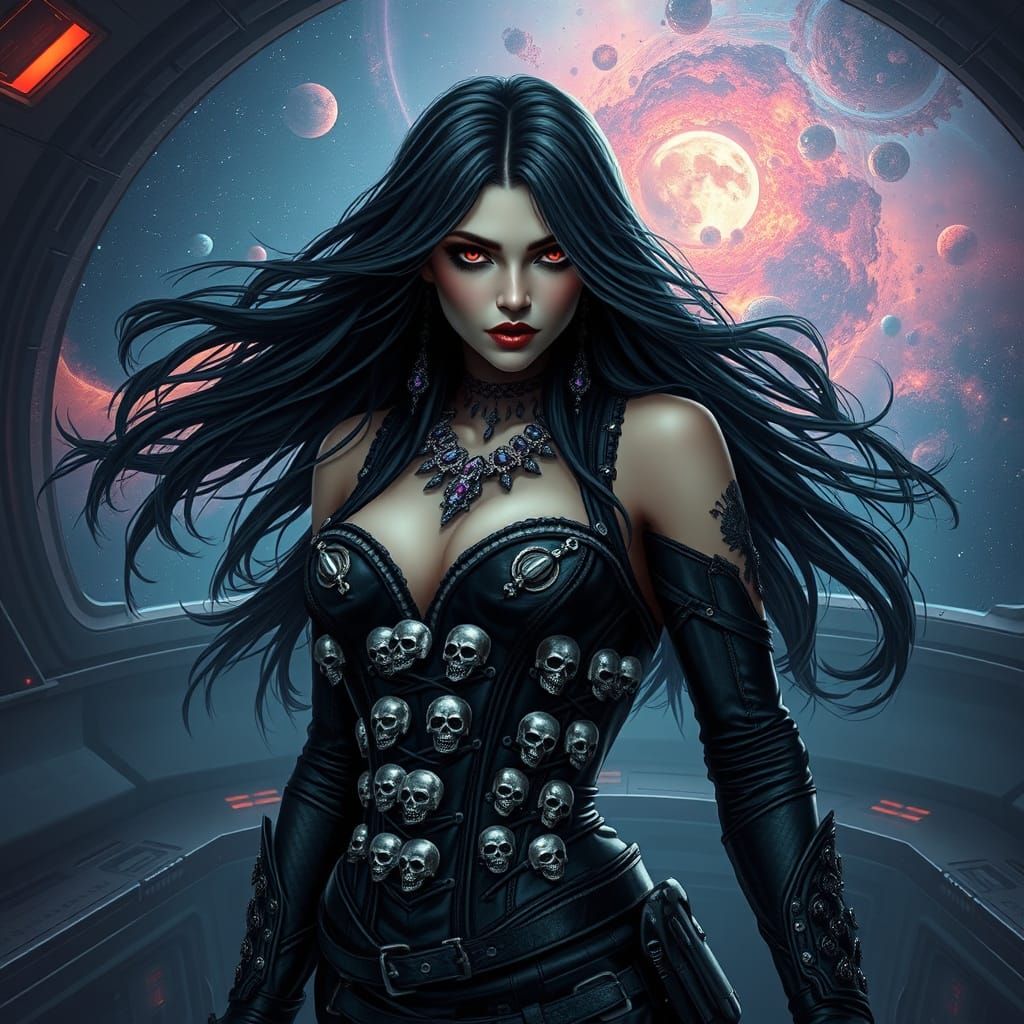 Gothic Space Pirate Queen in Cosmic Horror Style