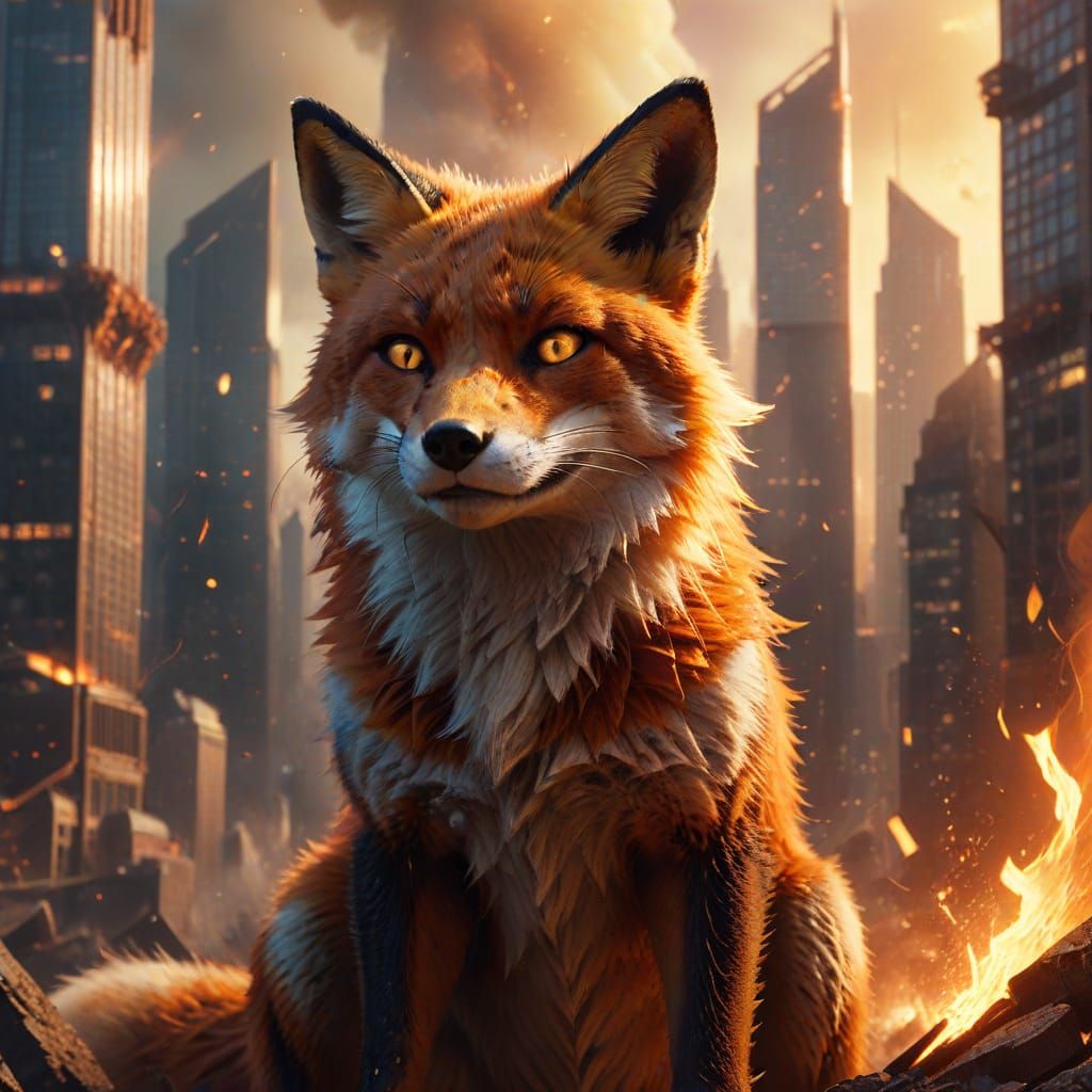 Fox Destroys City in Fiery Digital Art