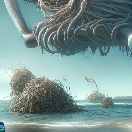 Chaotic Beach Day with Spaghetti Monster in Dark Fantasy Sty...