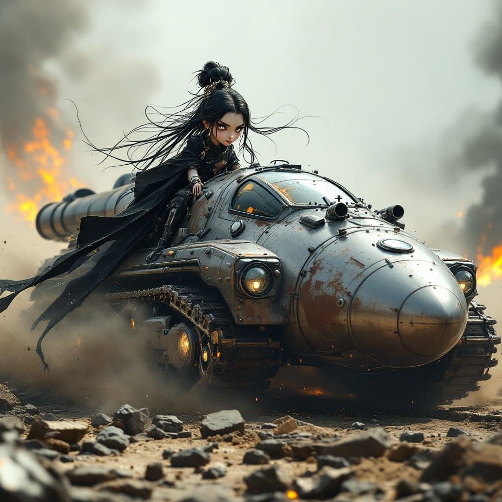 Chibi Goth Goddess Races Bullet Train Tank in Apocalypse