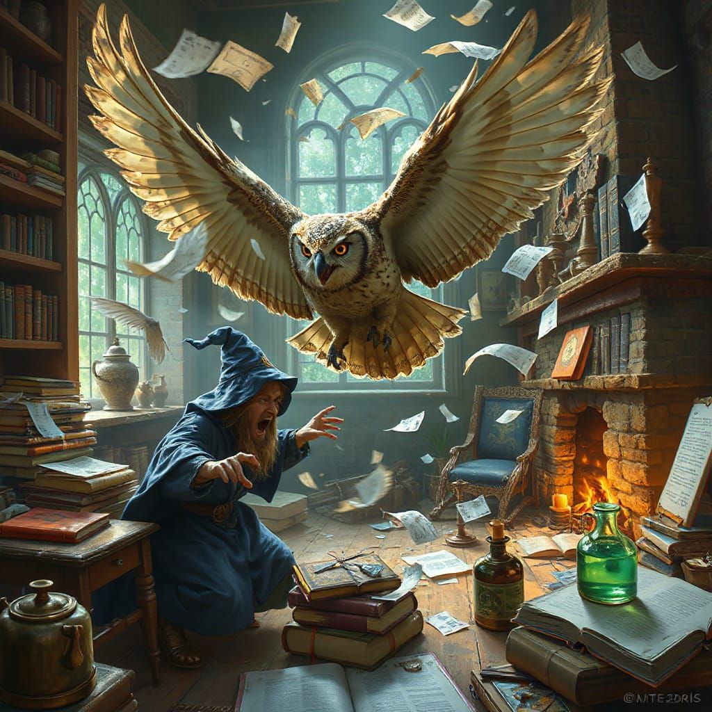 Panicked Owl Creates Chaos in Wizard's Study