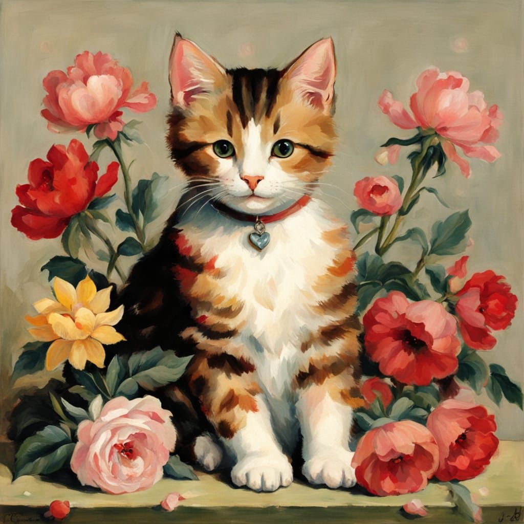 Whimsical Cat in a Floral Scene in the Style of Dutch Golden...