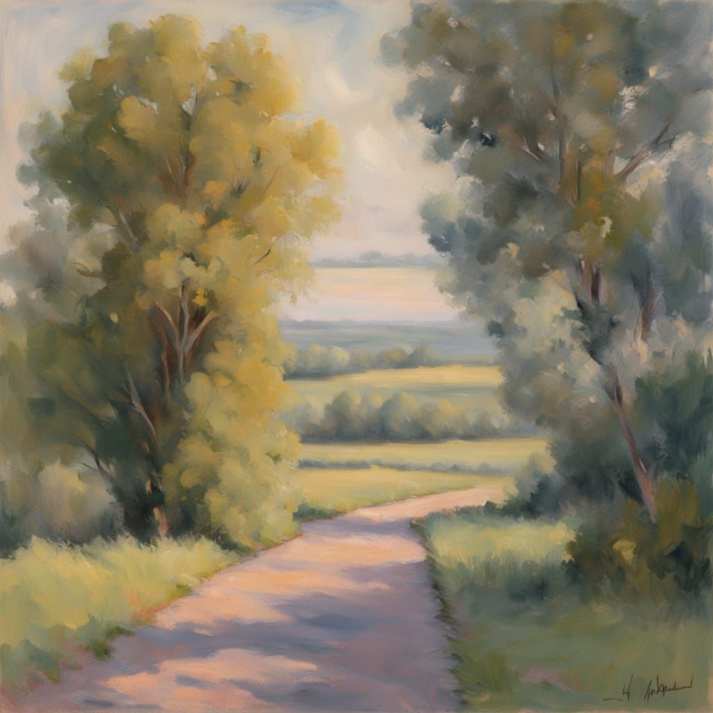 Impressionist Serene Landscape with Swirling Sky and Solitar...