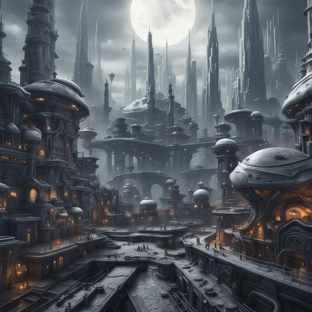 Surreal Alien City on Moon, Detailed Matte Painting