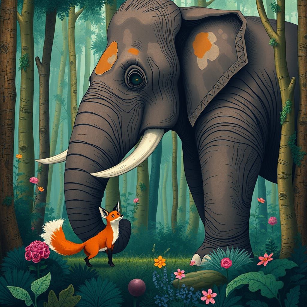 Whimsical Fox and Elephant in Lush Forest