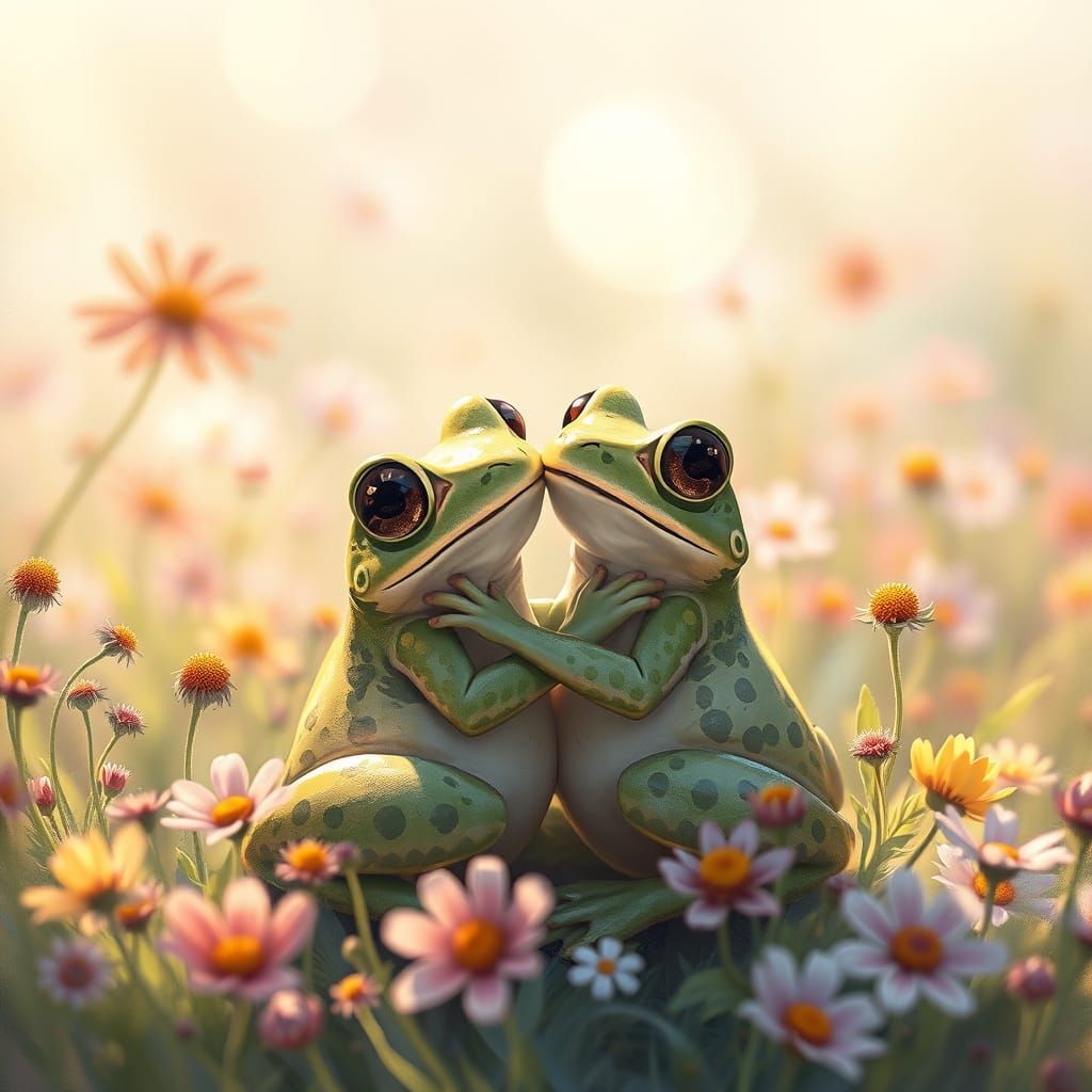 Whimsical Frogs in Dreamlike Meadow