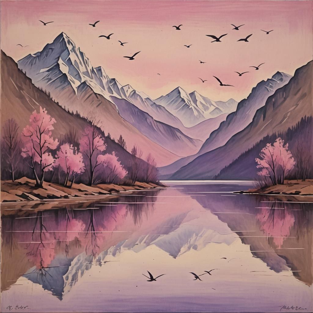 Mountain Lake Landscape in Pastel Shades