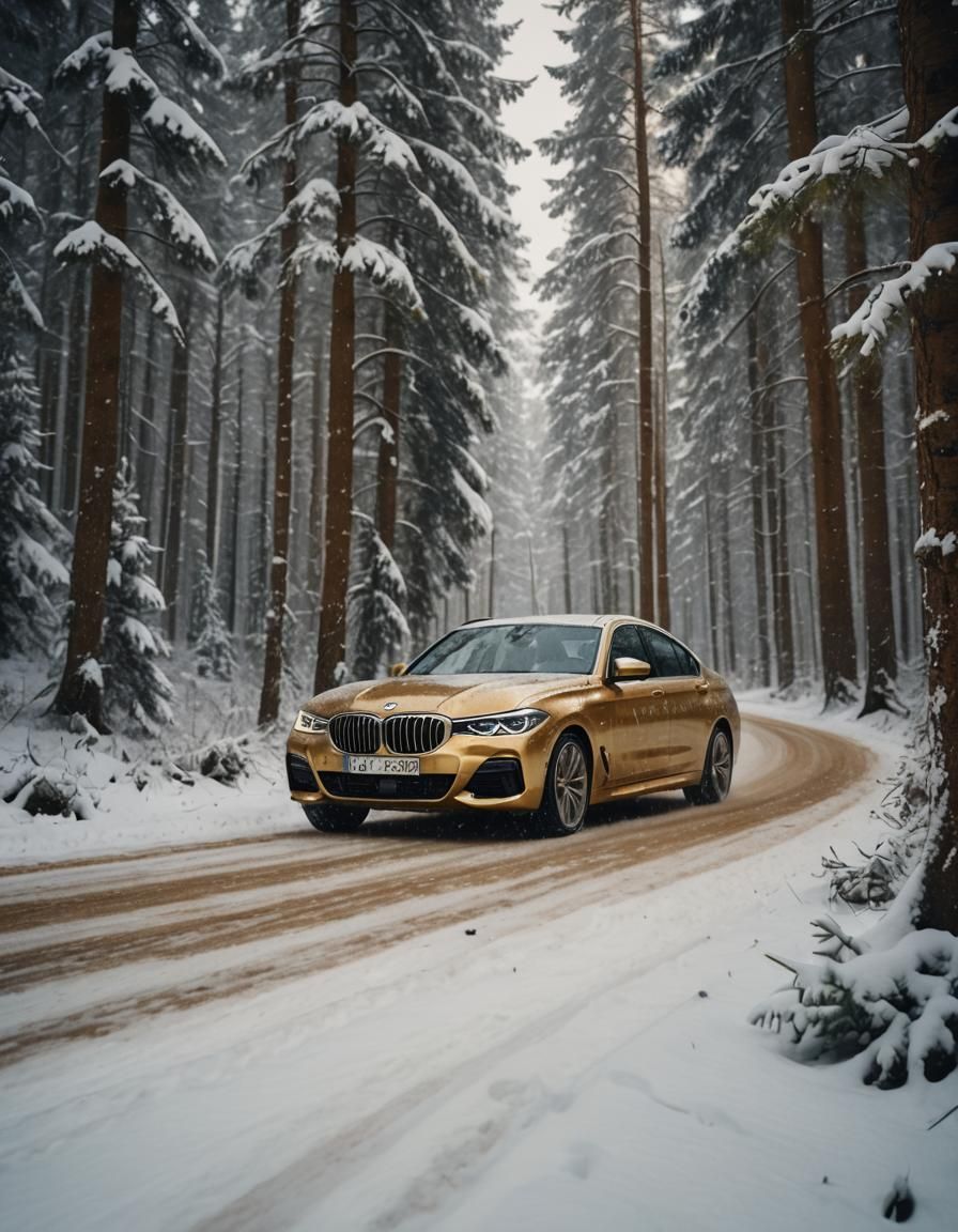 Gold BMW Drives Through Snowy Forest in Winter