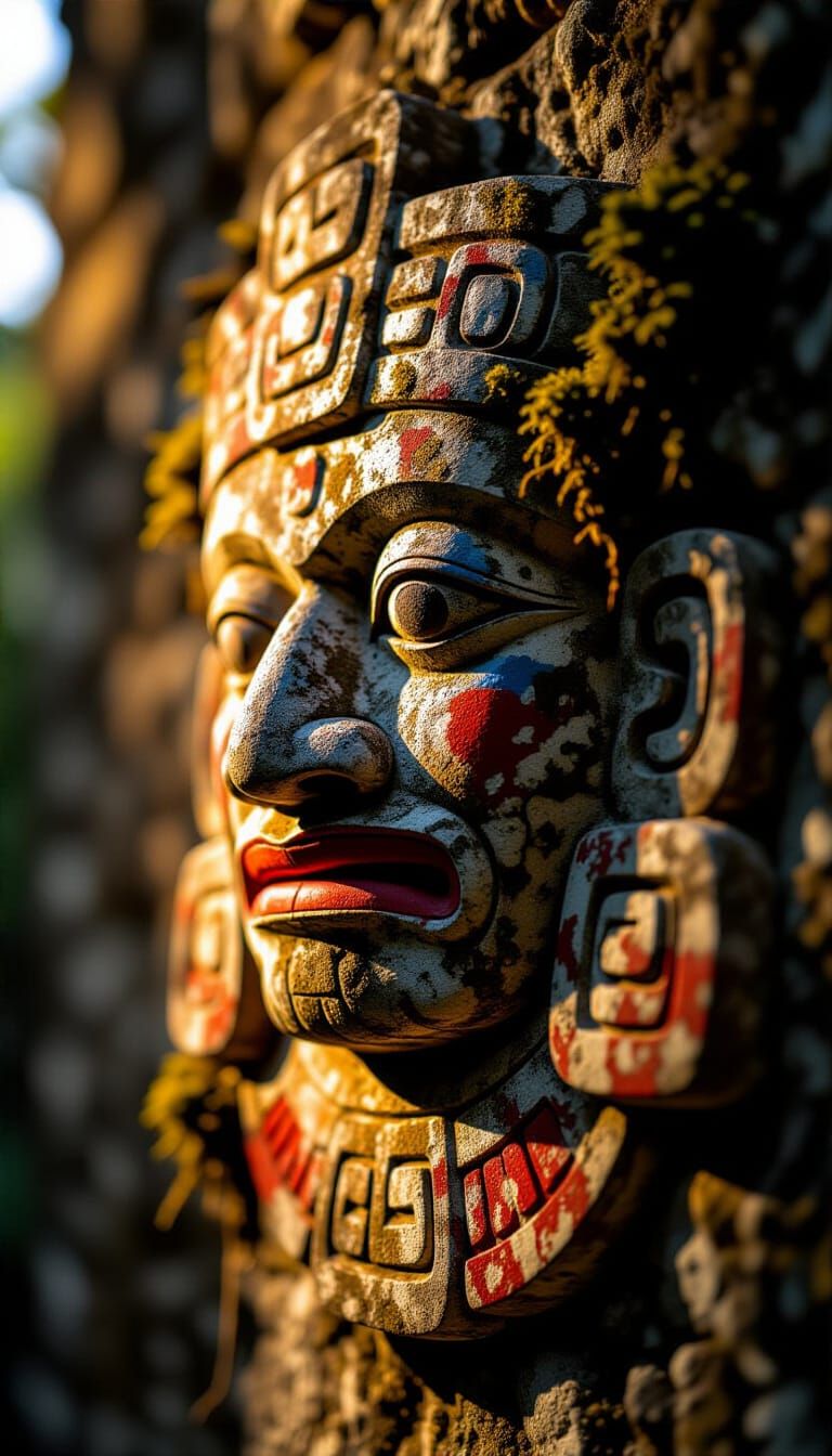Ancient Mayan Rain God Mask on Temple Wall