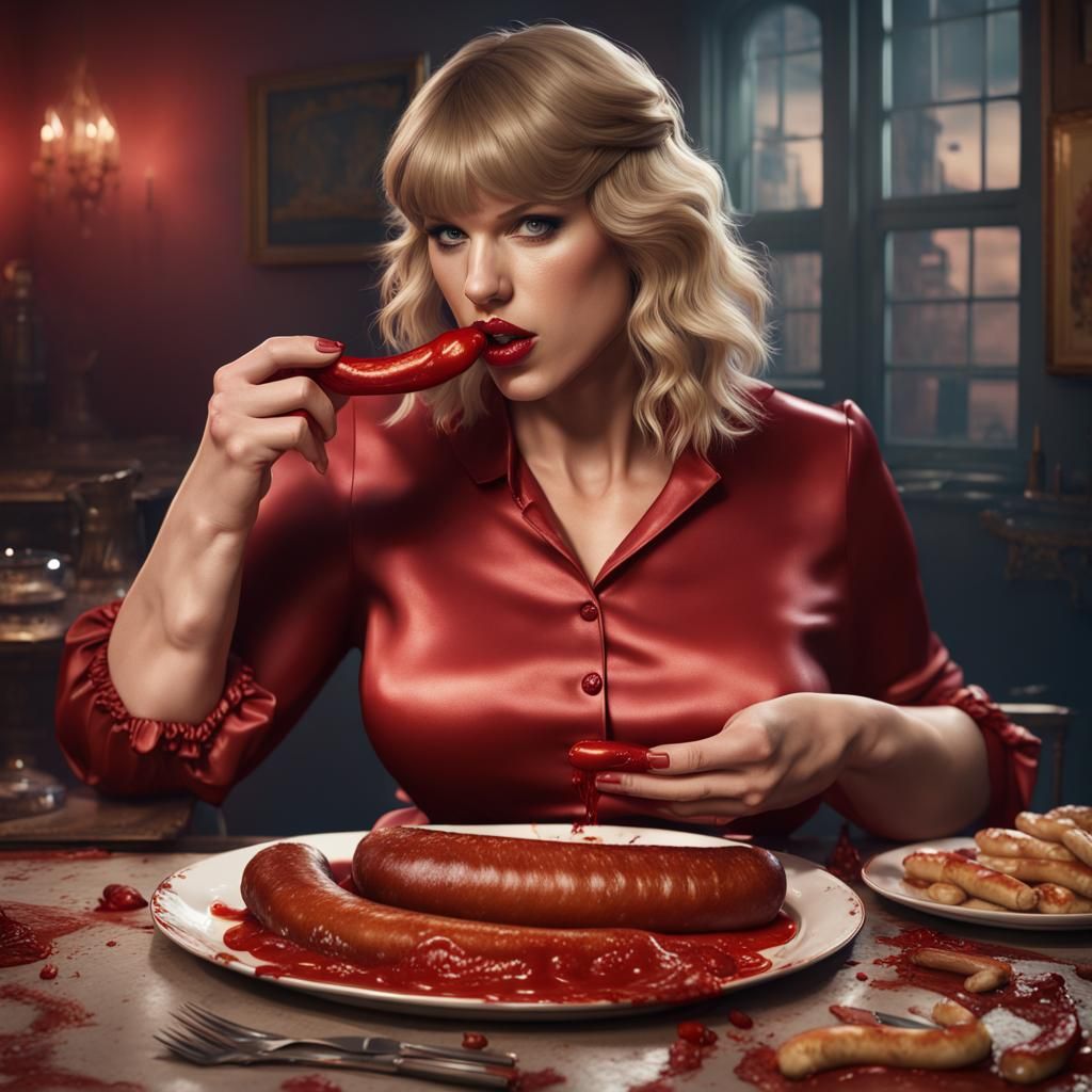 Taylor Swift eating large sausage.