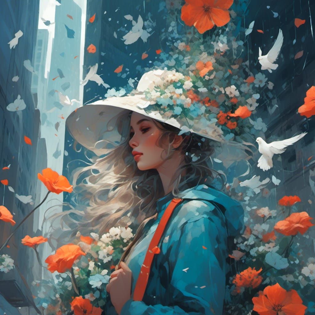 Floral Rain Showers Woman in Cityscape