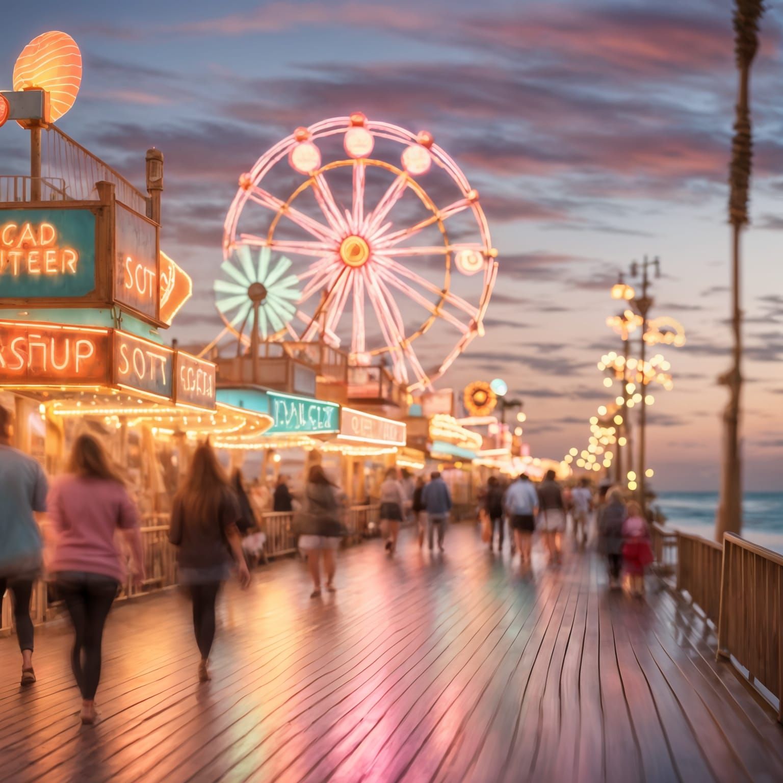 Impressionist Boardwalk Scene at Night with Ferris Wheel