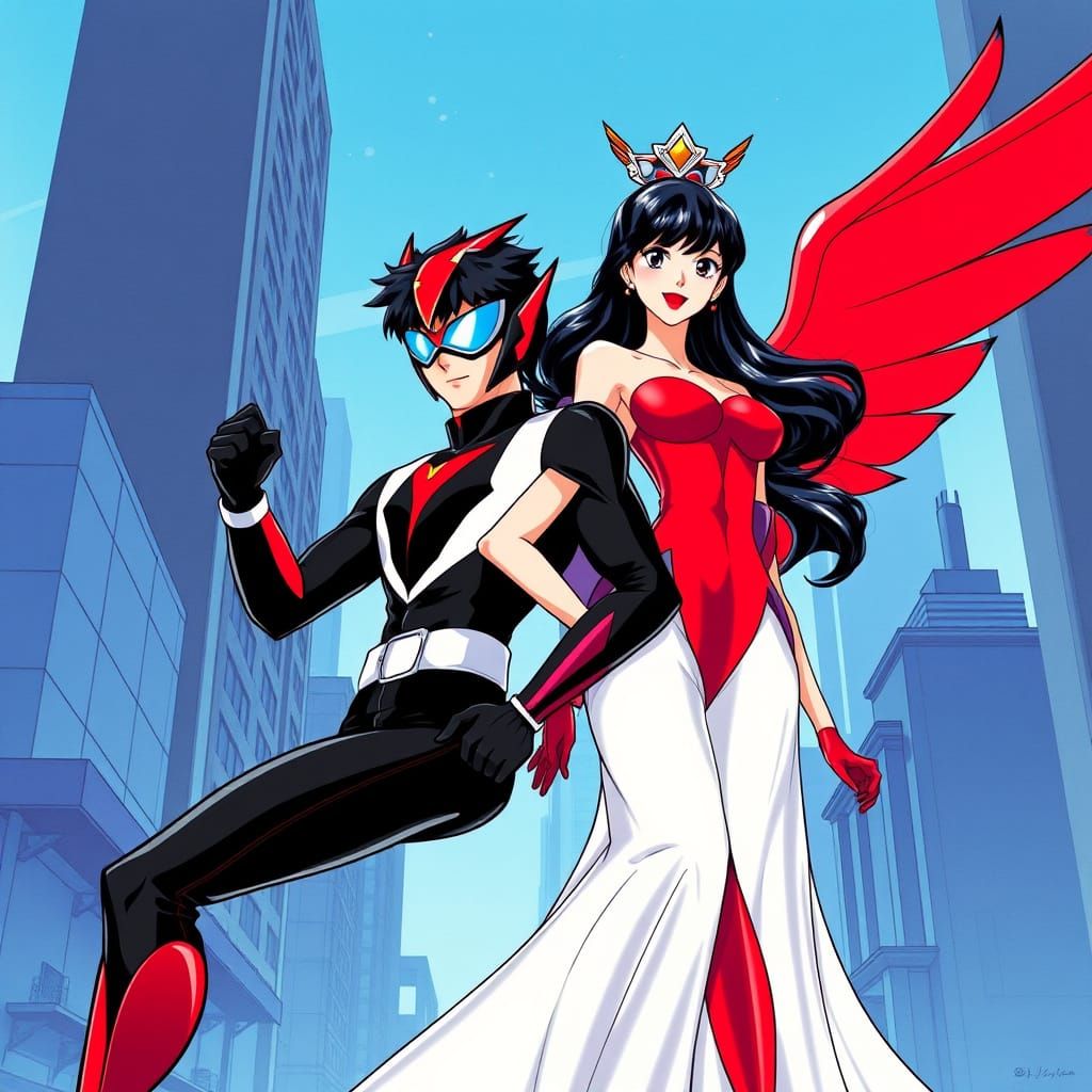 Anime Heroes in Sci-Fi Cityscape, Gatchaman Style