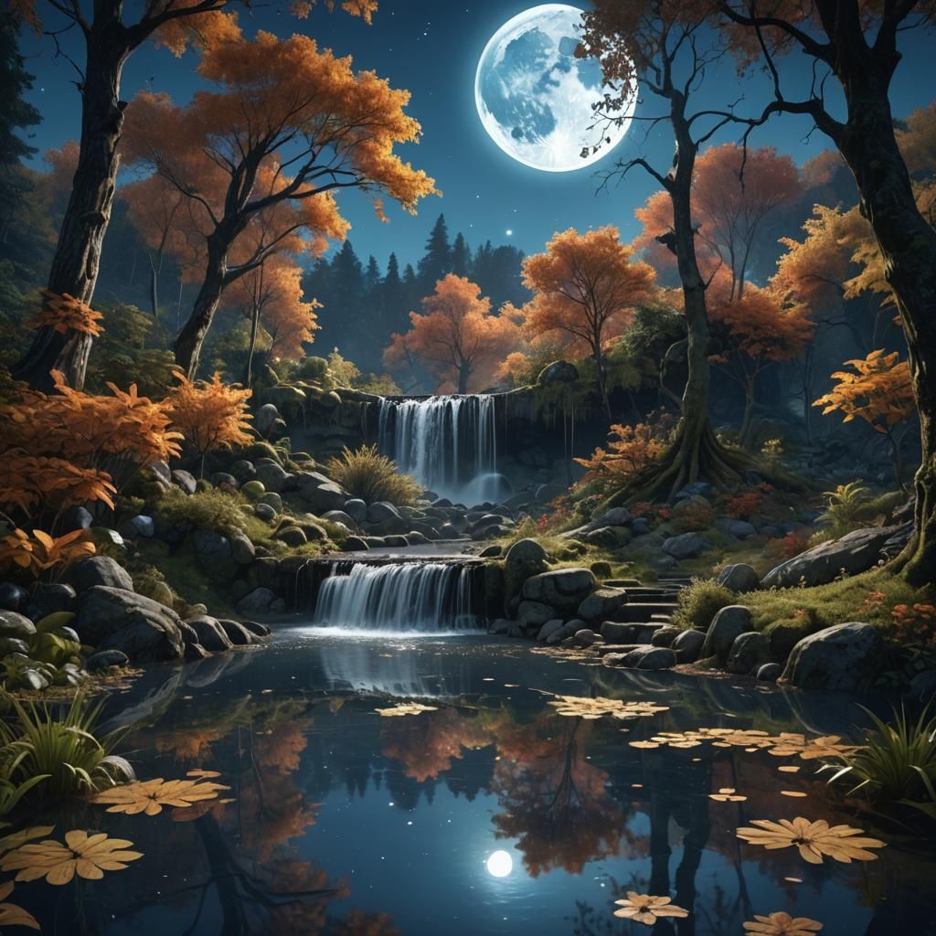 Moonlit Pond Reflection in Deep Forest