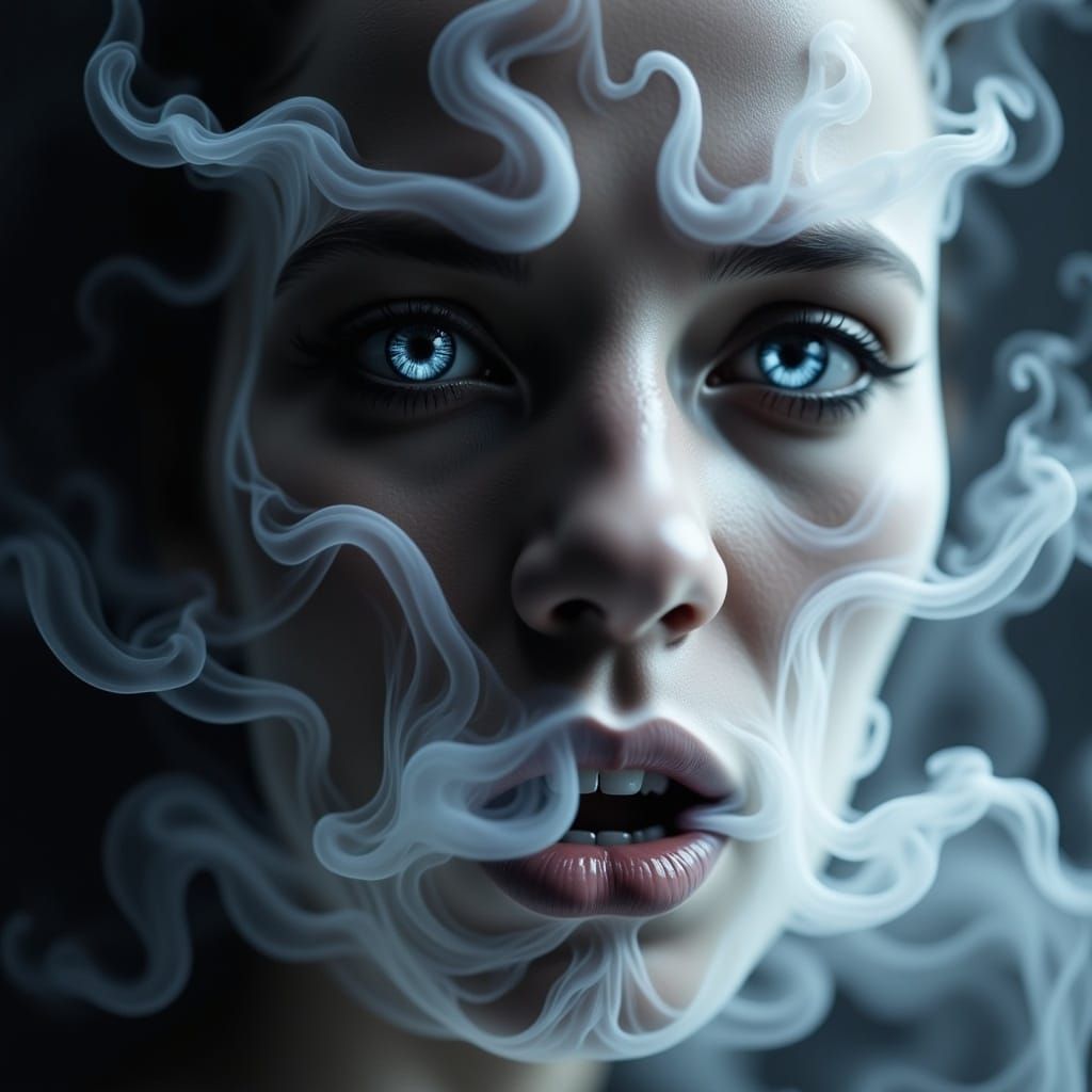 Terrified Medium's Face with Ghostly Reflections