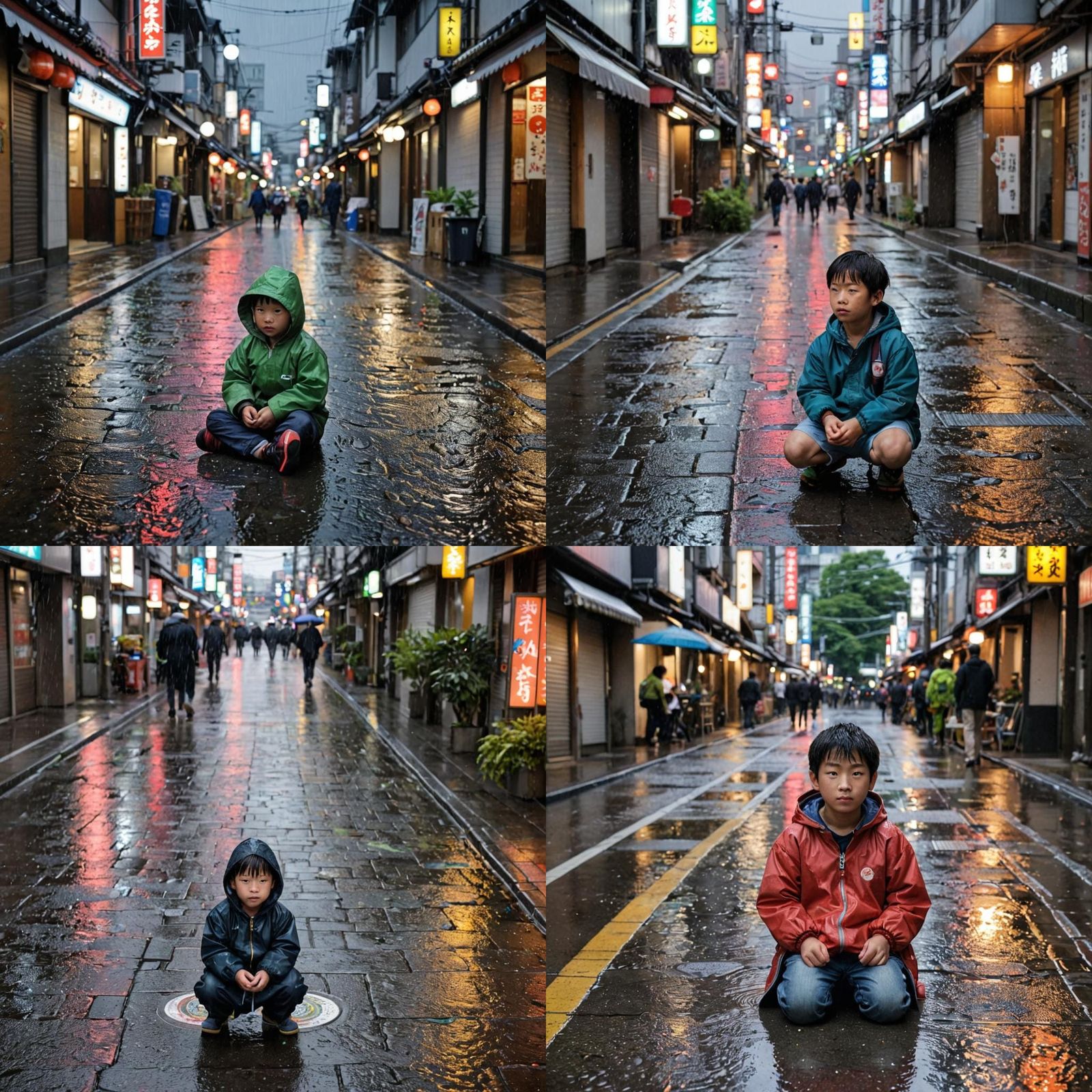 A lone Boy sits on a Rainy Street in a vibrant Japanese Metr...