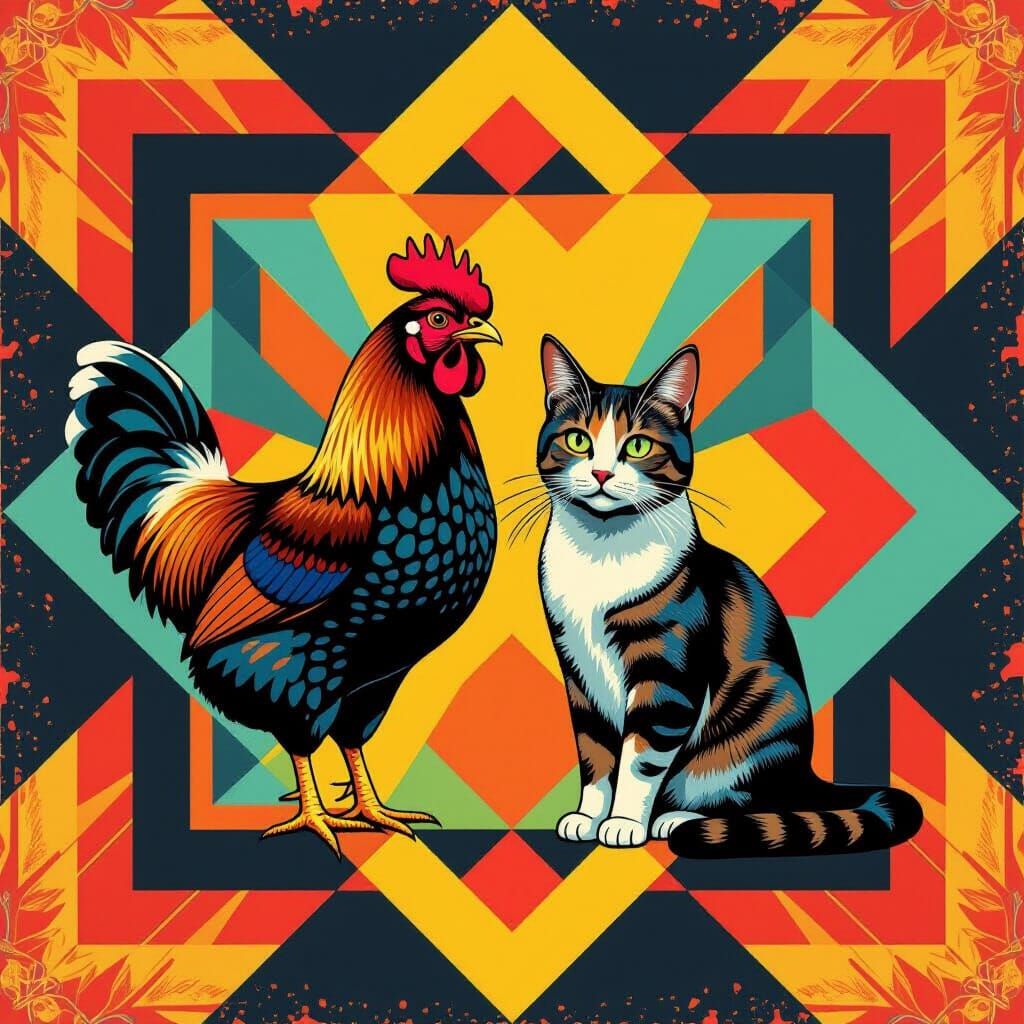 Vibrant Geometric Pop Art of Chicken and Cat