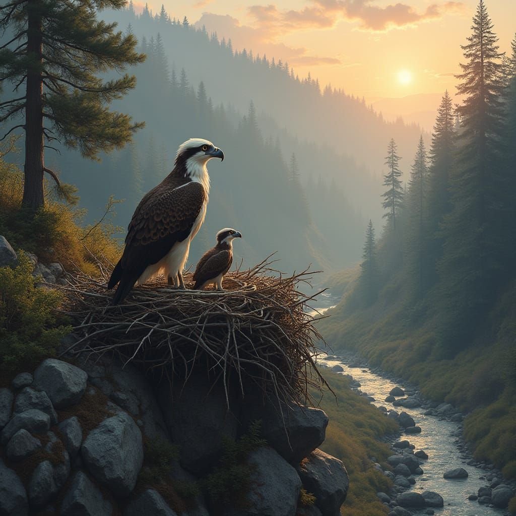 Osprey Family on Rocky Hillside at Dawn
