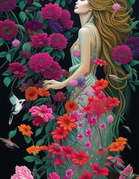 Woman Flying with Birds in Magic Realism Style