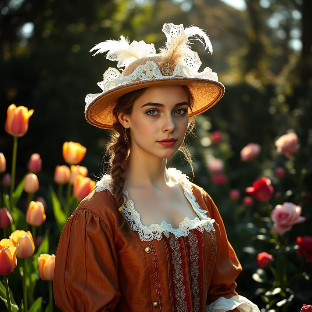 Elegant Dutch Woman in Sunlit Garden