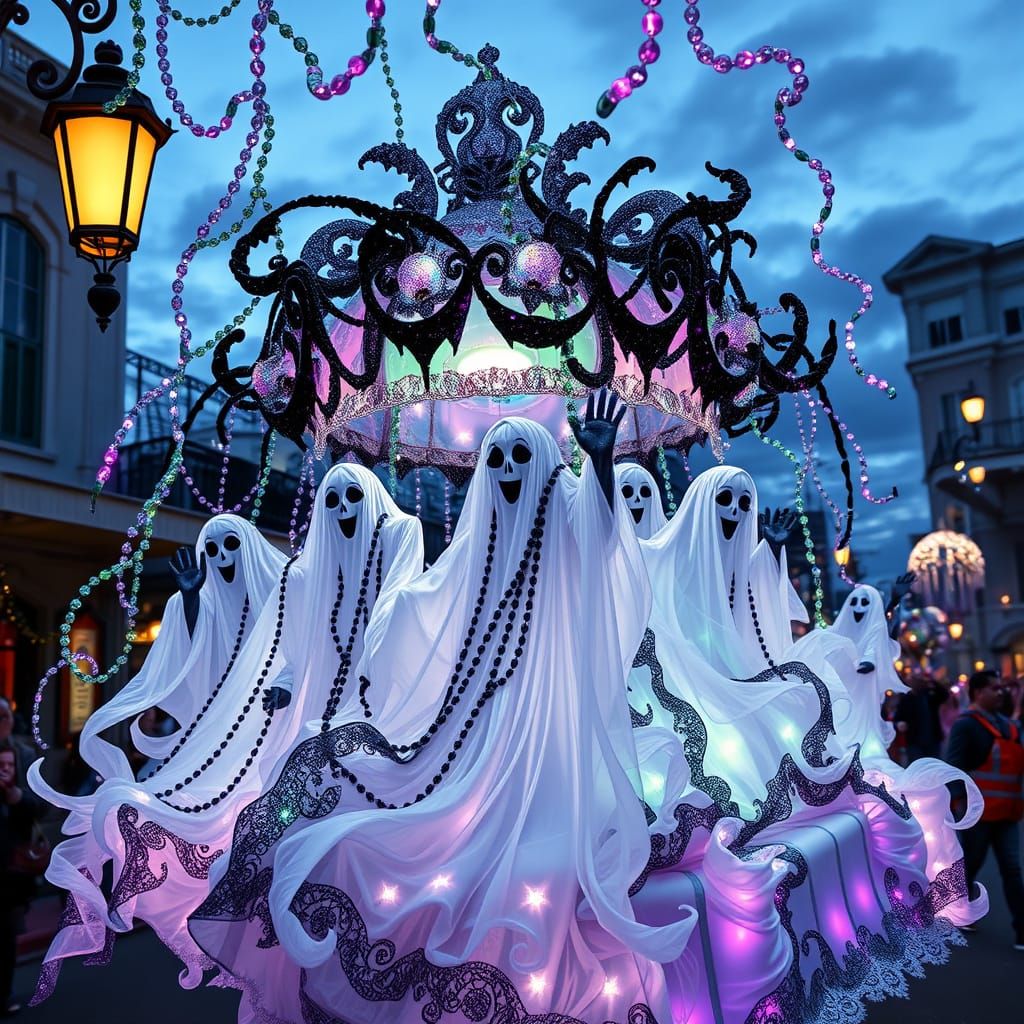 Whimsical Ghosts Shine at Mardi Gras Parade in Vibrant, Drea...