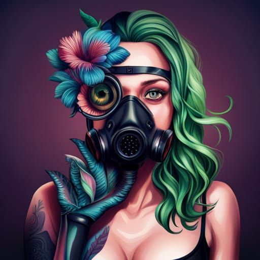 Girl in Gasmask Portrait with Flowers, Hyperrealistic Art