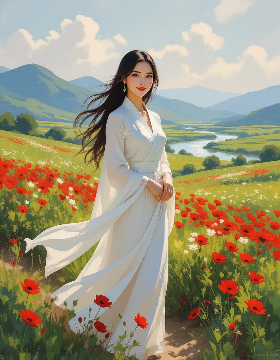 Vietnamese Woman in Ao Dai Amidst Wildflowers, Impressionist...