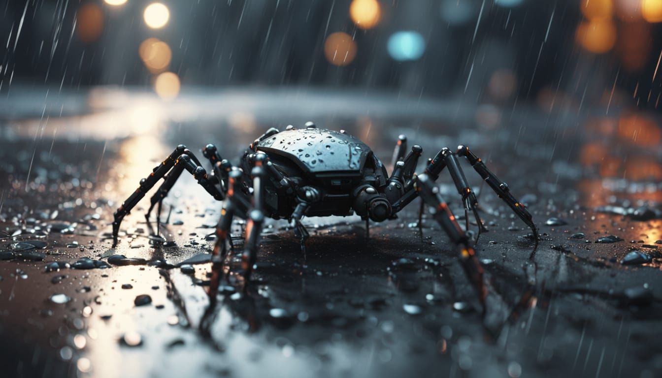 Macro close up of a cyberpunk nano bug crawling along the pa...